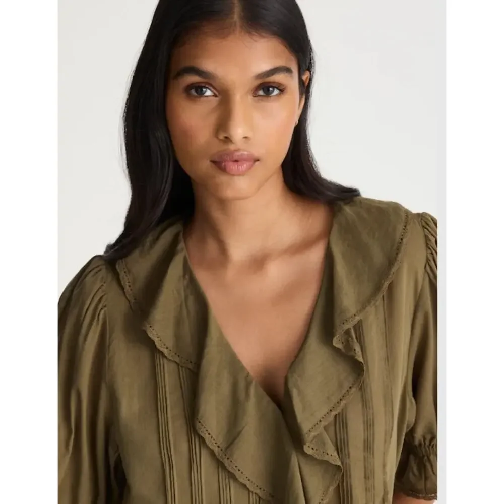 NWT Madewell Pintucked Ruffled Puff-Sleeve Top Green L
